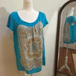 Anthropologie Moulinette Soeurs turquoise teal floral orange paisley top blouse